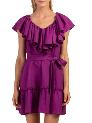 Льняное платье с поясом с рюшами Trina Turk фиолетовое