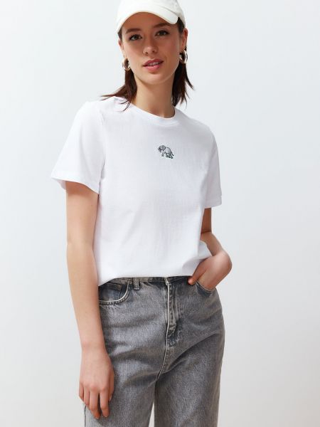 Πλεκτή βαμβακερή βασικό μπλουζάκι με κέντημα Trendyol λευκό
