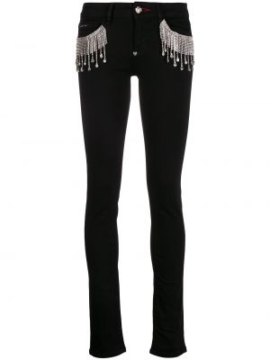 Jeansy skinny z frędzli z kryształkami Philipp Plein czarne