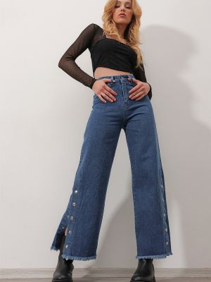 Jeansy z wysoką talią Trend Alaçatı Stili niebieskie