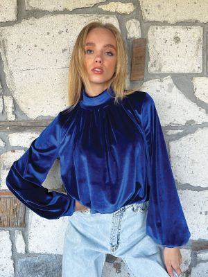 Кадифена блуза Trend Alaçatı Stili синьо
