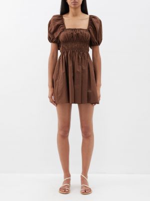 Хлопковое платье мини с квадратным вырезом Matteau коричневое