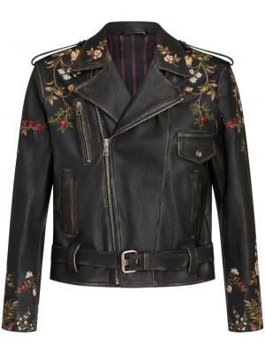 Kožna jakna s vezom s cvjetnim printom Etro crna