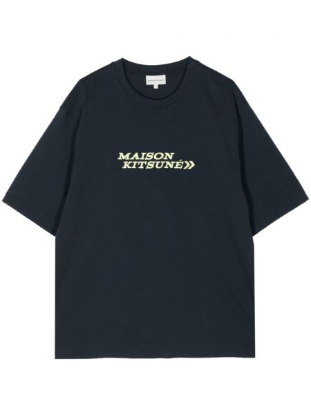 Βαμβακερή μπλούζα με κέντημα Maison Kitsuné μπλε