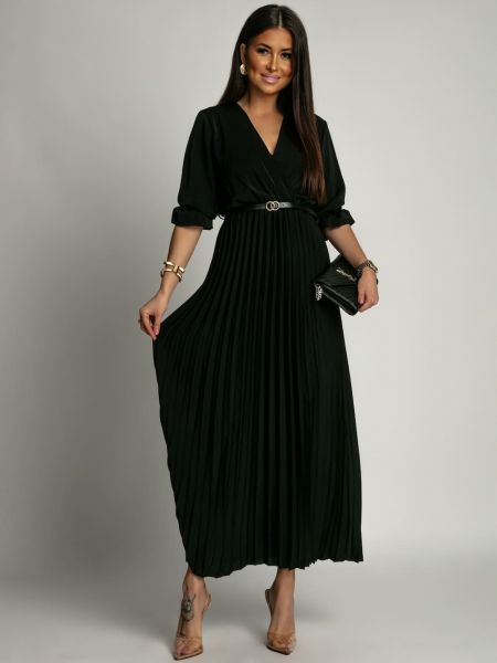 Κομψό πλισέ φόρεμα με ζώνη Fasardi μαύρο