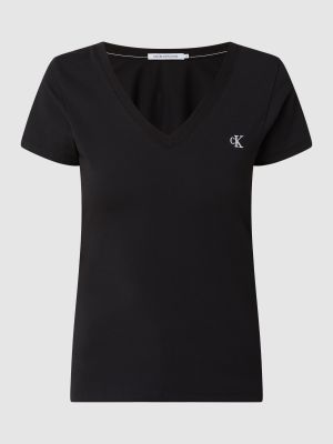 Haftowana koszulka z dekoltem w serek z krótkim rękawem Calvin Klein Jeans czarna