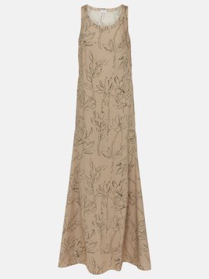 Květinové bavlněné dlouhé šaty Brunello Cucinelli béžové