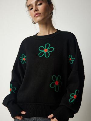 Oversize džemperis ar ziediem Happiness İstanbul melns