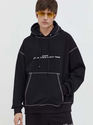 Pamučna hoodie s kapuljačom s printom Hugo crna
