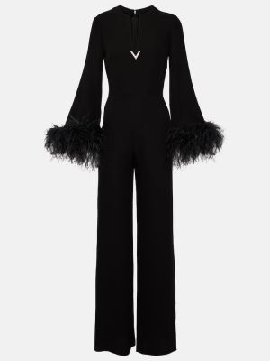 V-kaelusega sulgedega siidist pükskostüüm Valentino must