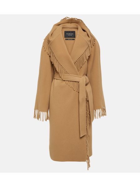 Vlněný kabát s třásněmi Balenciaga béžový