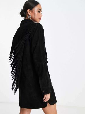 Черное платье из натуральной кожи с бахромой Urbancode