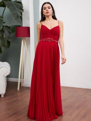 Pliszírozott sifon gyöngyös estélyi ruha Carmen piros