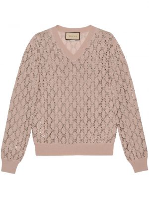 Volneni pulover z vezenjem s kristali Gucci roza