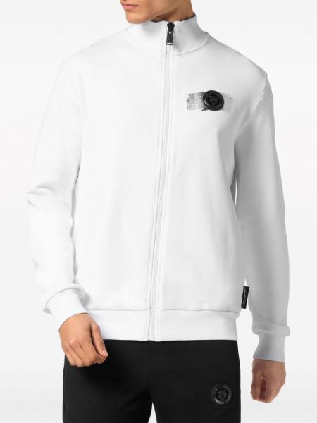 Kokvilnas sportiska stila džemperis ar rāvējslēdzēju Plein Sport balts
