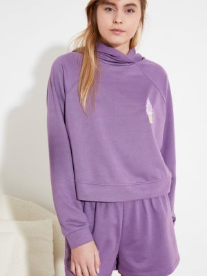 Dzianinowa haftowana piżama z kapturem Trendyol fioletowa