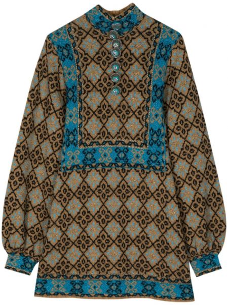 Dzianinowa sukienka w kwiatki żakardowa Gucci Pre-owned niebieska