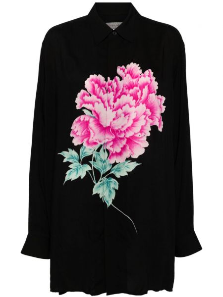 Garš krekls ar ziediem ar apdruku Yohji Yamamoto melns