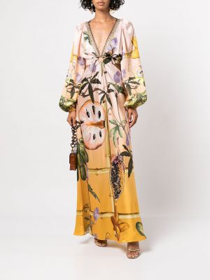 Seiden kleid mit print mit tropischem muster Camilla gelb