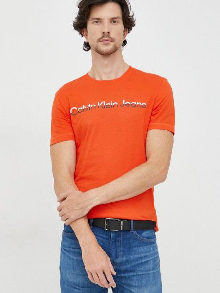 Тениска с дълъг ръкав с принт Calvin Klein Jeans оранжево