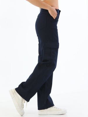 Relaxed fit „cargo“ stiliaus kelnės aukštu liemeniu su kišenėmis Bi̇keli̇fe mėlyna