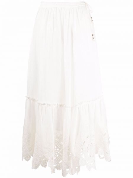 Květinové asymetrická sukně s výšivkou s vysokým pasem Zimmermann - bílá