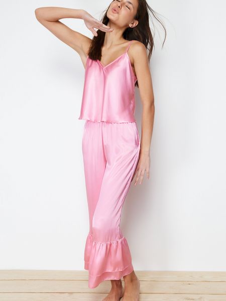 Плетена сатенена пижама Trendyol розово