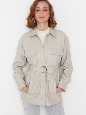 Palton din piele cu cataramă din piele ecologică Trendyol gri