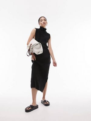 Черное вязаное платье миди без рукавов с воронкой Topshop