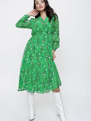 Gėlėtas šifoninis suknele su sagomis By Saygı žalia
