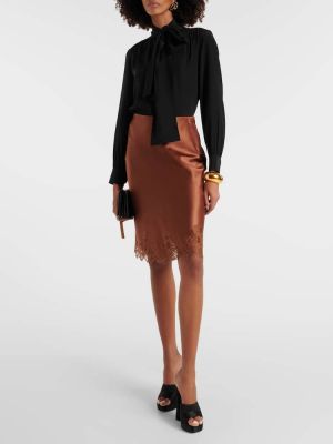 Mini falda de raso de seda de encaje Saint Laurent marrón