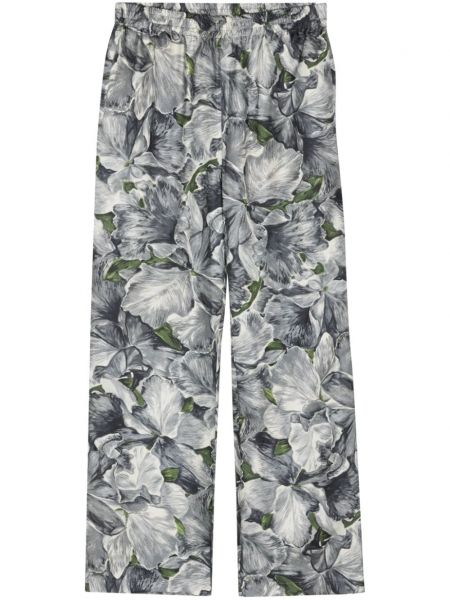 Pantaloni cu picior drept de mătase cu model floral cu imagine Sunflower gri