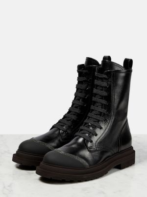 Ankle boots sznurowane skórzane koronkowe Brunello Cucinelli czarne