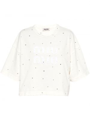 Křišťálové tričko s oděrkami Miu Miu bílé