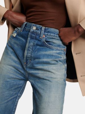 Straight fit džíny s vysokým pasem s oděrkami Saint Laurent modré