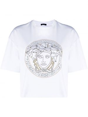Bombažna majica s potiskom Versace bela