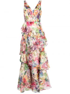 Макси рокля на цветя с v-образно деколте Marchesa Notte бяло