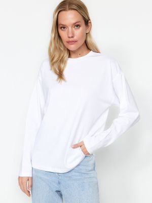 Плетена памучна тениска с дълъг ръкав Trendyol бяло