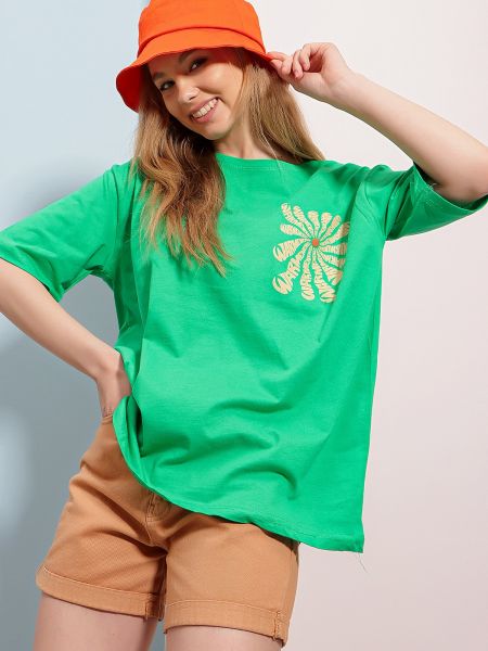 Tricou din bumbac cu imagine oversize Trend Alaçatı Stili verde