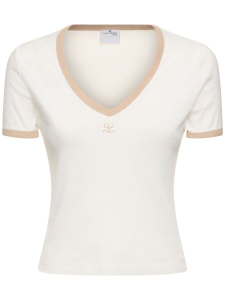 Camiseta de algodón con escote v Courrèges blanco