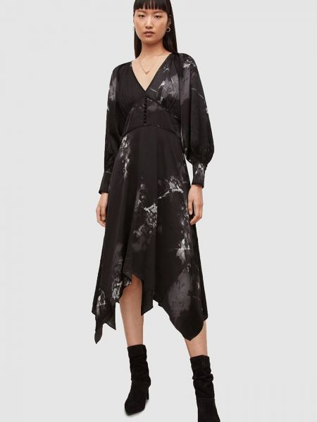 AllSaints sukienka kolor czarny midi rozkloszowana
