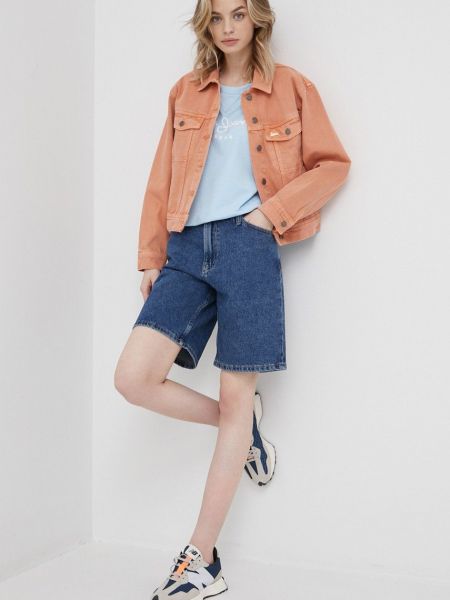 Calvin Klein Jeans farmer rövidnadrág női, sötétkék, sima, magas derekú
