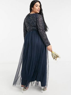 Длинное платье с пайетками с длинным рукавом из тюля Maya синее