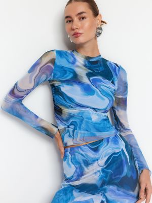 Прозрачна плетена прилепнала блуза Trendyol синьо