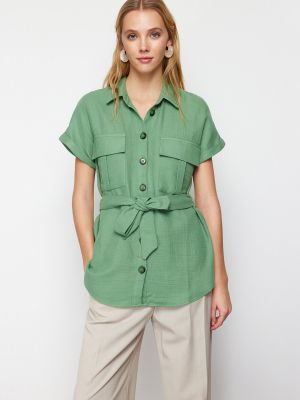 Pletená mušelínová košile s krátkými rukávy Trendyol khaki