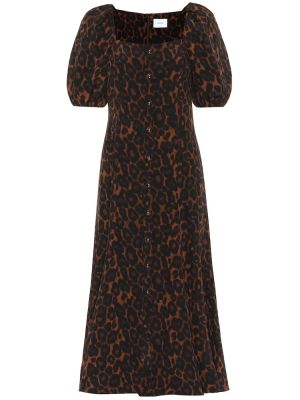 Rochie midi de mătase cu imagine cu model leopard Erdem maro