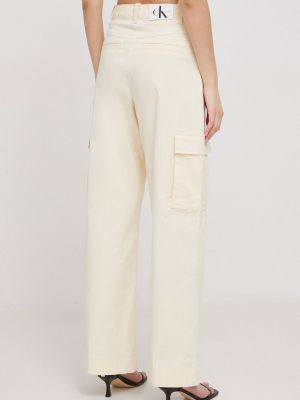 Jednobarevné kalhoty s vysokým pasem Calvin Klein Jeans béžové