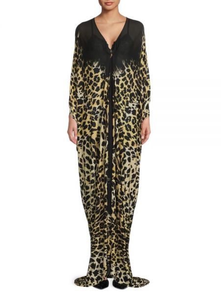Леопардовое длинное платье с принтом Roberto Cavalli черное