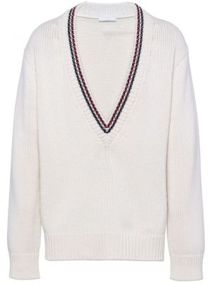 Kašmírový sveter s výstrihom do v Prada biela