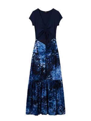 Viskózové priliehavé dlouhé šaty s výstrihom do v Desigual - modrá